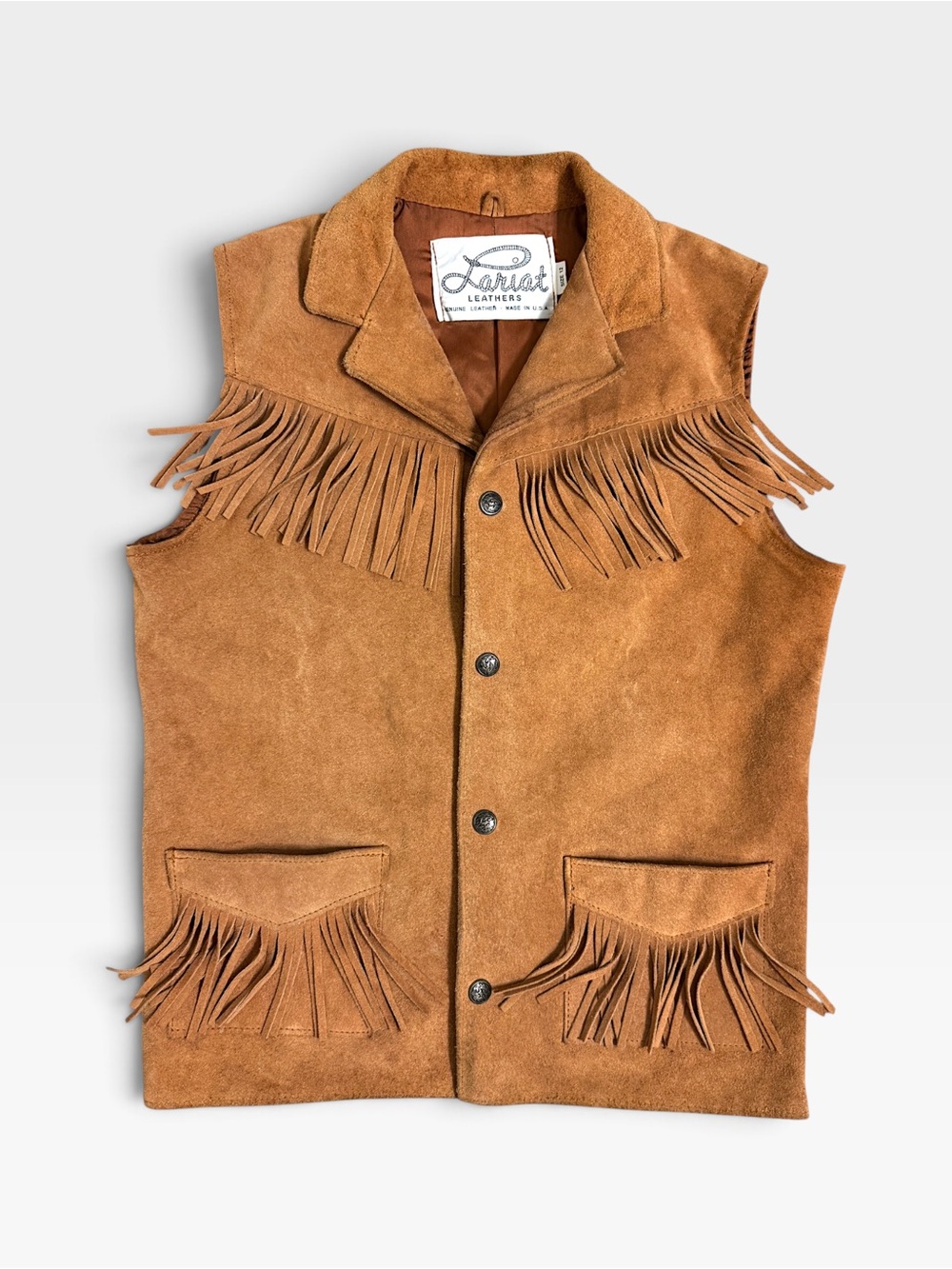 VTG Lariat Leathers Suede Fringe Western Snap Vest Tan Size XS/S Boho Cowgirl